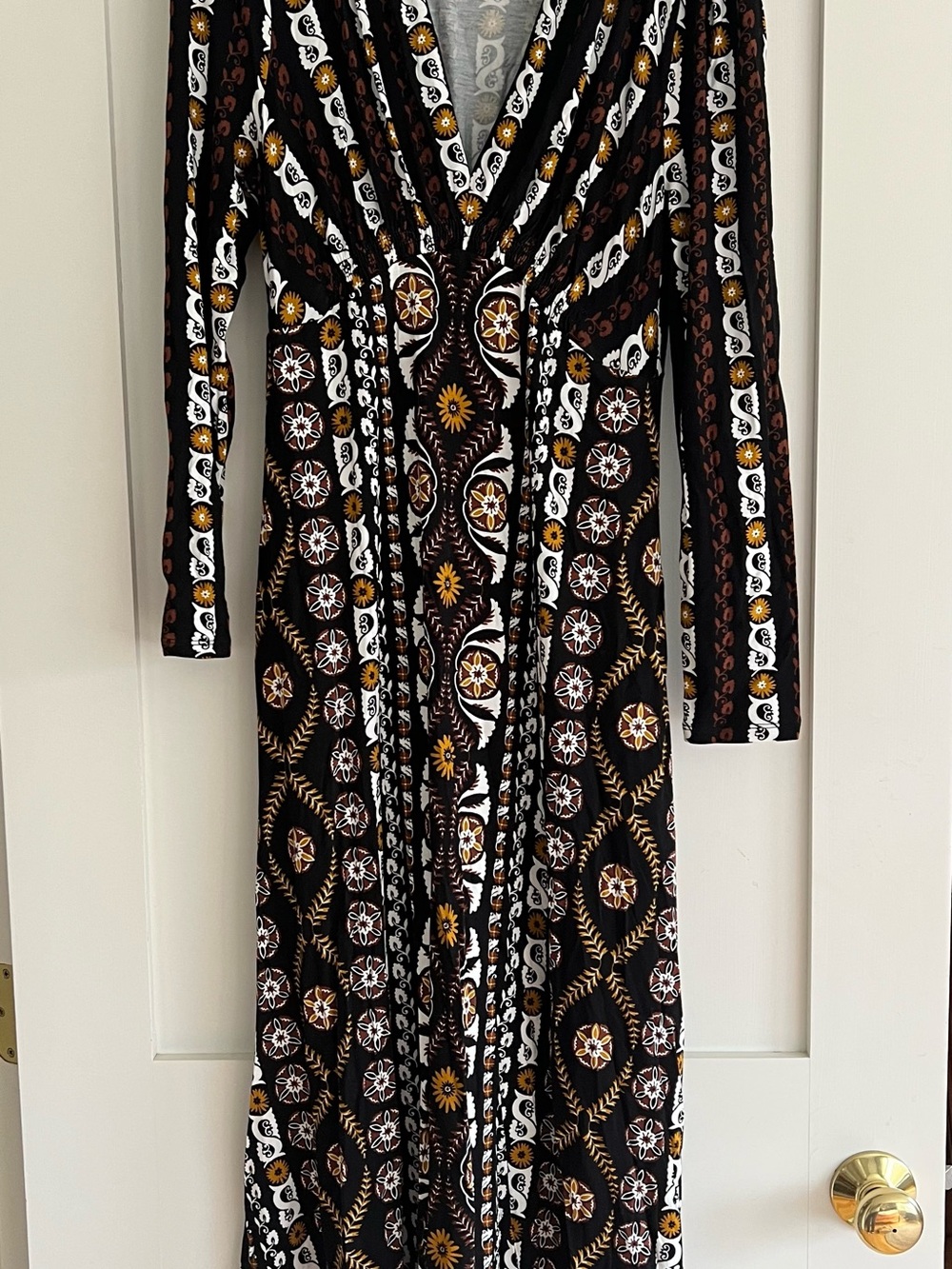 Boden Black Maxi Dress with White and Gold Medallion Print